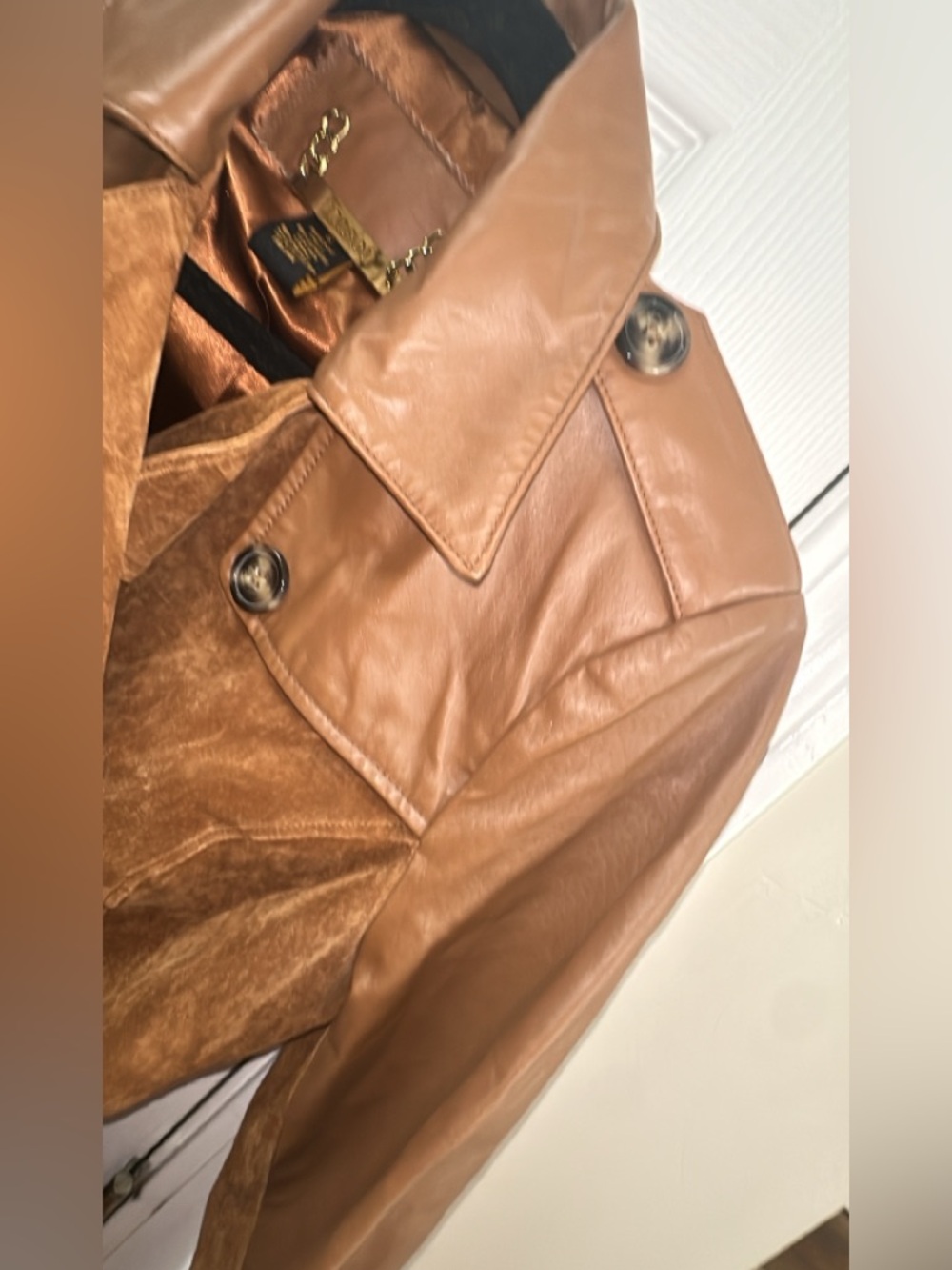 IMAN Two-Tone Brown Suede and Leather Trench Coat (mix26) - Picture 9 of 11